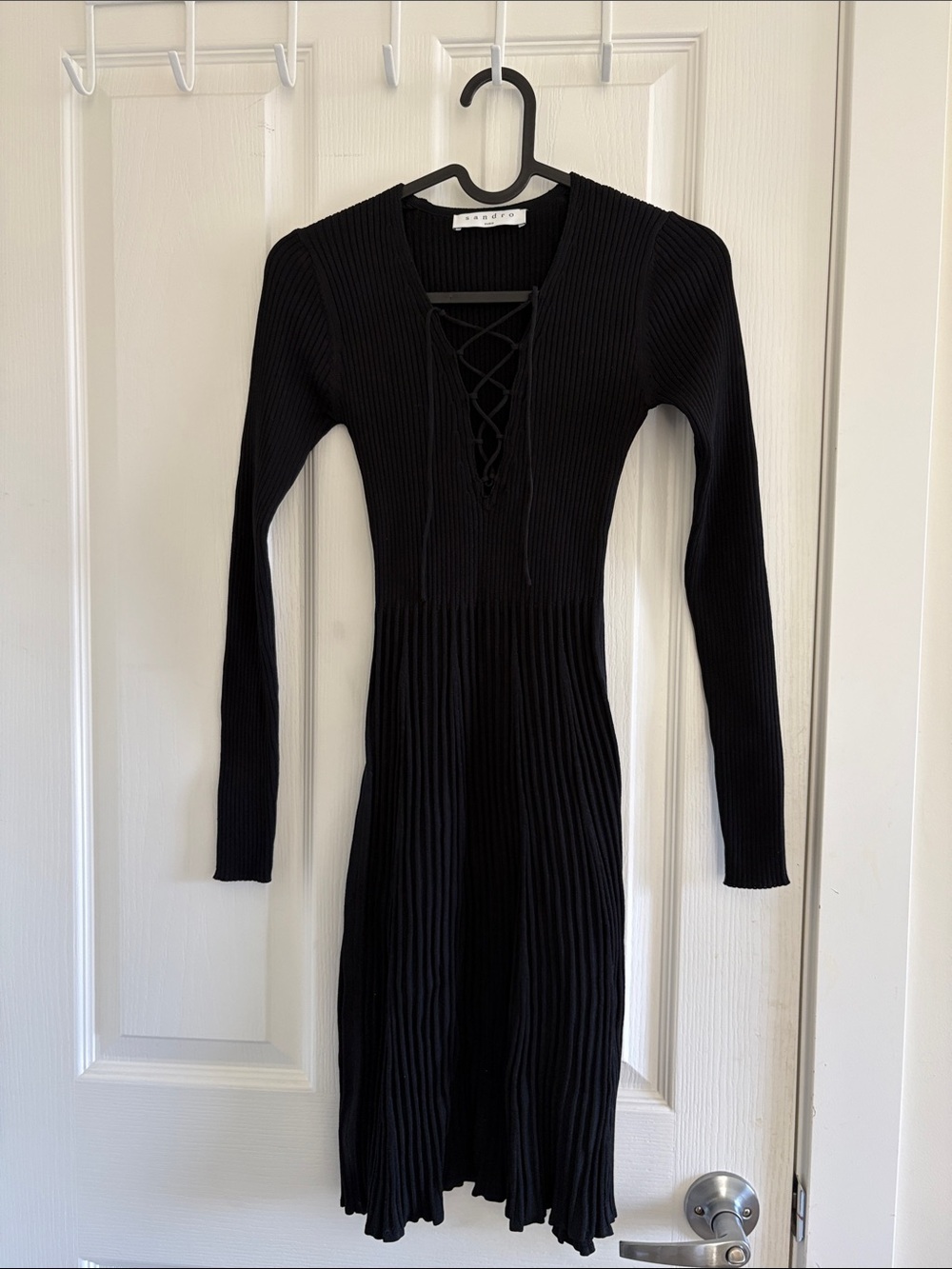 Sandro Black Ribbed Lace-Up Long Sleeve Knit Dress